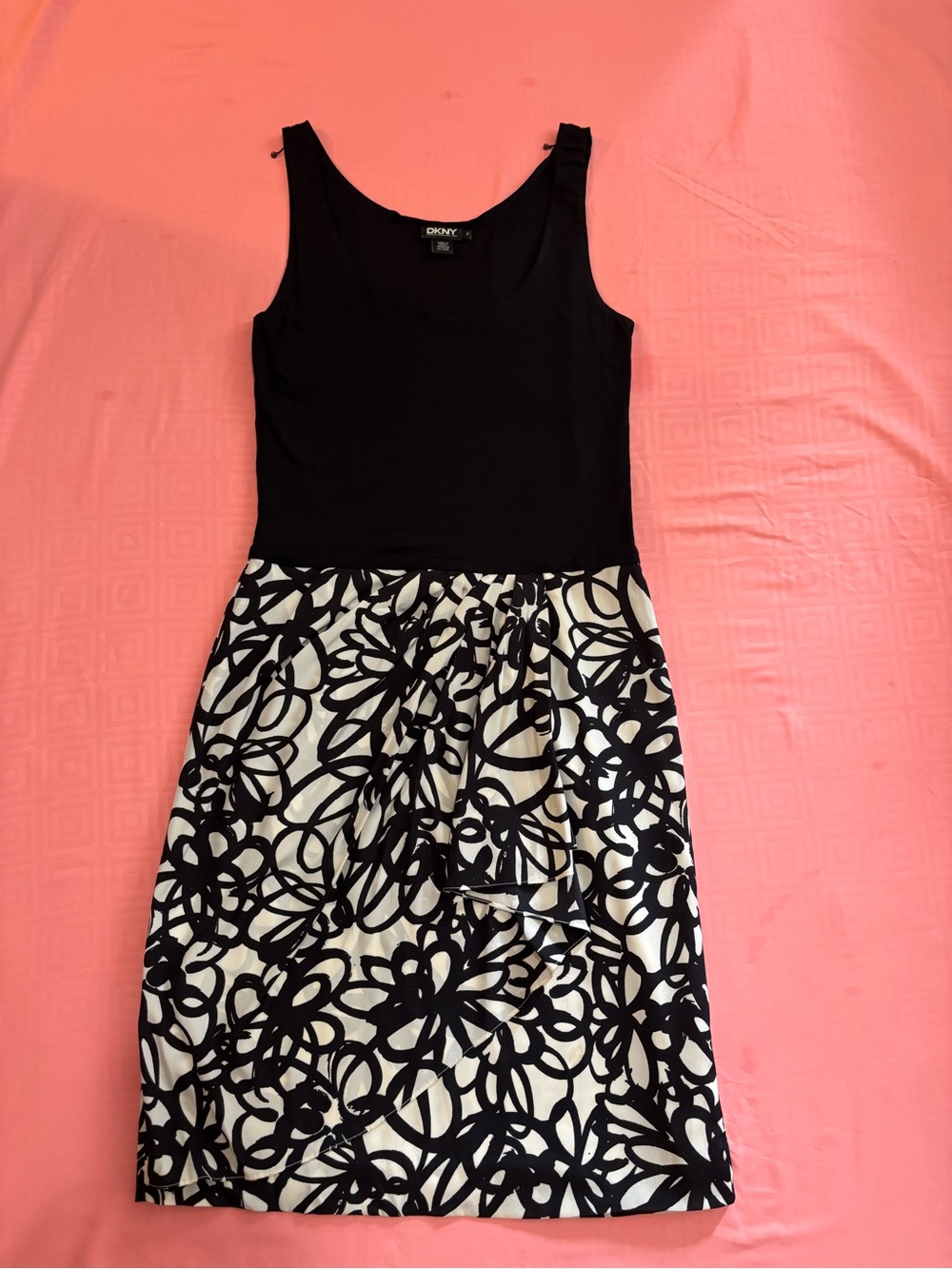 DKNY Black & White One-Shoulder Floral Skirt Dress